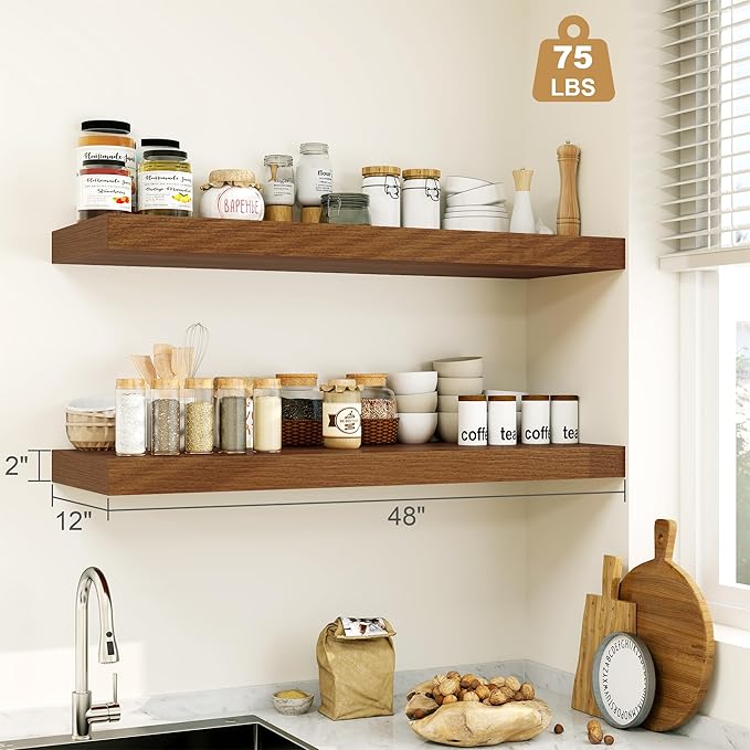 Heimlove Walnut Bathroom Shelves Floating Shelves for Wall Shelf Over Toilet Long Wall Mounted Modern Farmhouse,48 x 12 Wall Shelves with Invisible Brackets for Living Room, Kitchen, Bedroom