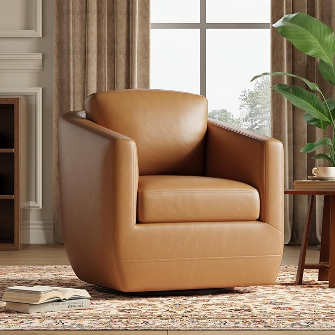 COLAMY 360° Swivel Accent Chair Set of 2 with Pillow - Comfy Living Room Armchair No-Sag Foam & Sturdy Metal Base, Fully Assembled Swivel Accent Single Sofa for Bedroom Living Room, Office, Brown