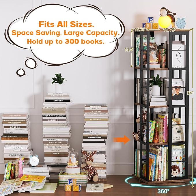Aheaplus Rotating Bookshelf, Corner Bookcase, 360 Display Wood Spinning Bookshelves, Floor Standing Bookcases Narrow Shelf, 4 Tiers, Rustic Brown