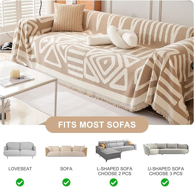 STACYPIK Boho Sofa Cover, Dog Couch Cover for Sofa, Non-Slip Khaki Sofa Cover for L Shaped, Furniture Protector for 3 Cushion Couch, Multi-Use Sectional Couch Cover, Multi-Use Sofa Silpcover-71X150IN