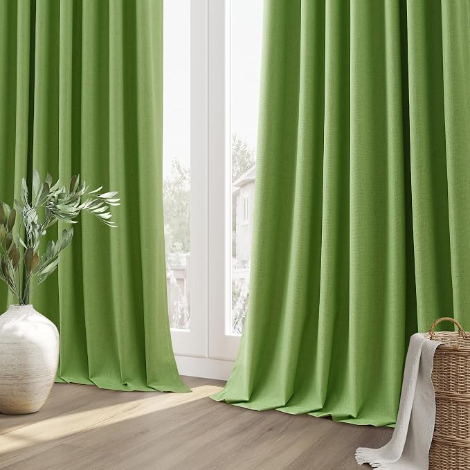 Guken Lime Green 100% Blackout Linen Curtains 108 Inch Length 2 Panels Set - Image 8