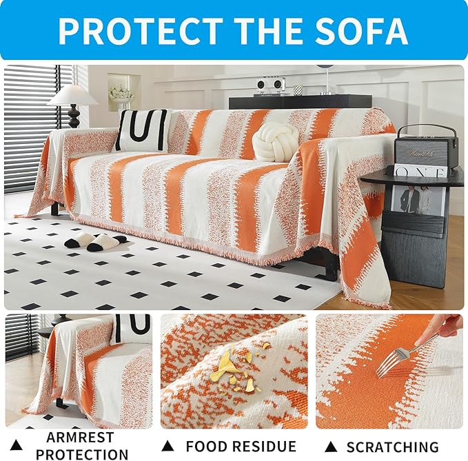 LUFEIJIASHI Boho Couch Covers for Sofa Non Slip Sofa Covers Washable Couch Covers for 3 Cushion Couch Sofa Pet Friendly Sectional Couch Cover Blanket Furniture Protector for Dogs (Orange, 91"x134")