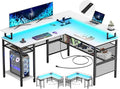 Unikito L Shaped Computer Desk with LED Strip and Power Outlets, Reversible Corner Desk with Monitor Stand and Storage Shelf, Modern Gaming Home Office Table with USB Ports, White