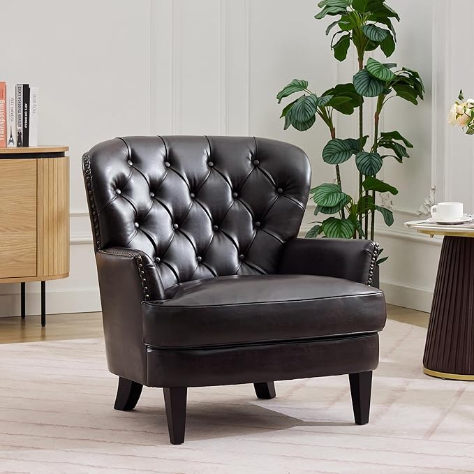 Ball & Cast Accent Chair,Mid-Century Lounge Living Room Chairs with Button Tufting,Upholstered Reading Accent Chair W/Solid Wood Legs and Curved Backrest,for Bedroom,Apartment,Dark Brown