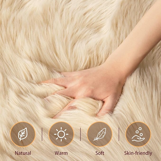 Ciicool Faux Sheepskin Rugs Soft Faux Fur Rug Beige Fluffy Rug Chair Couch - Image 3