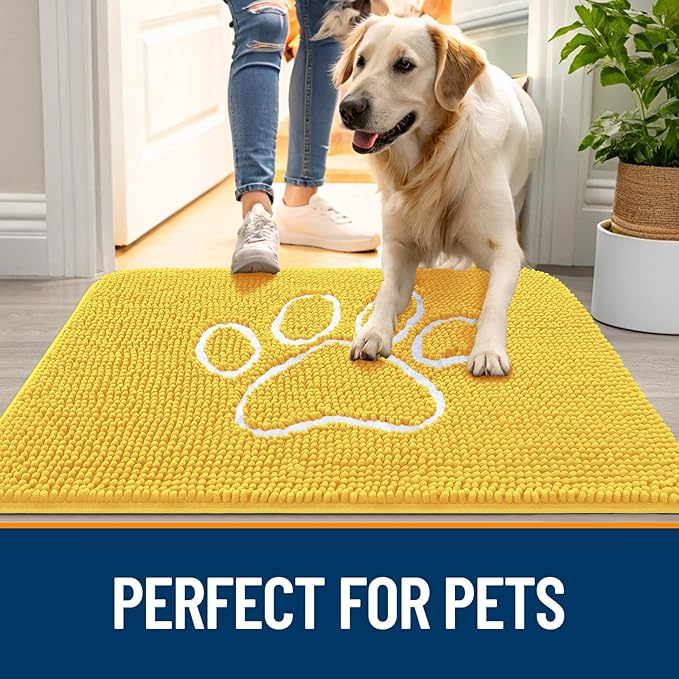 OLANLY Door Mat for Muddy Dog Paws 30x20, Ultra Absorbent Chenille Mud Doormat with Paw Print Design, Non-Slip Washable Doormat for Indoor Entryway, Quick-Dry Pet Bed Mats for Dirty Dogs, Yellow