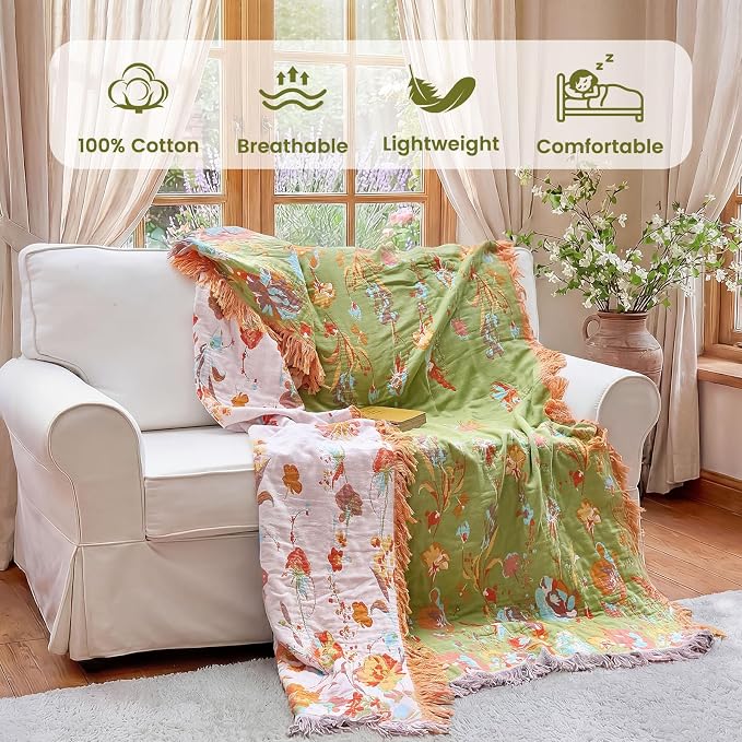 MSGKV Boho Throw Blanket 50"x60" Floral 100% Cotton Blanket - Image 2