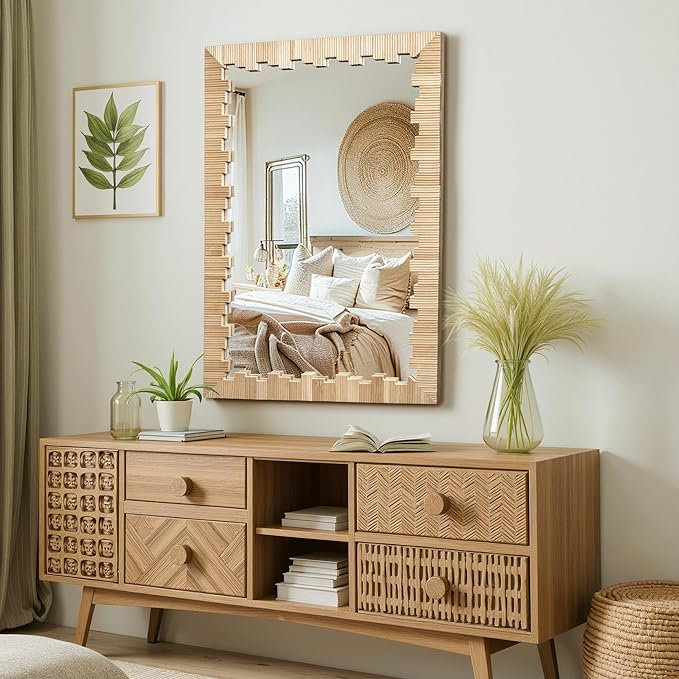 Boho Wall Mirror with Wood Frame, 36"x24" Faux Rattan Decorative Vanity Mirror for Bathroom, Living Room, Bedroom, Entryway(Rectangle)