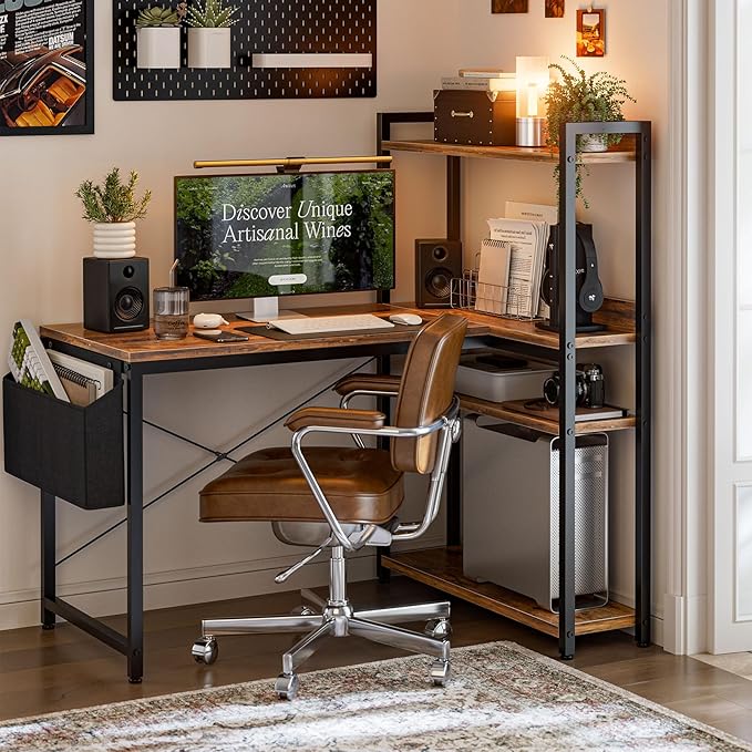 40 Inch L Shaped Computer Desk with Reversible Storage Shelves, Home Office Corner Desk Study Writing Table with Hutch, Study, Rustic Brown
