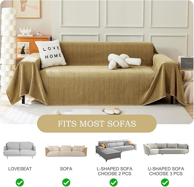 STACYPIK Wear-Resistant Chenille Yellow Sofa Cover, Couch Cover for Dogs, Washable Pets Protector for 3 Cushion Couch, Sofa Covers for Loveseat, Non-Slip Sectional Cover, Throw Blanket-71X150IN