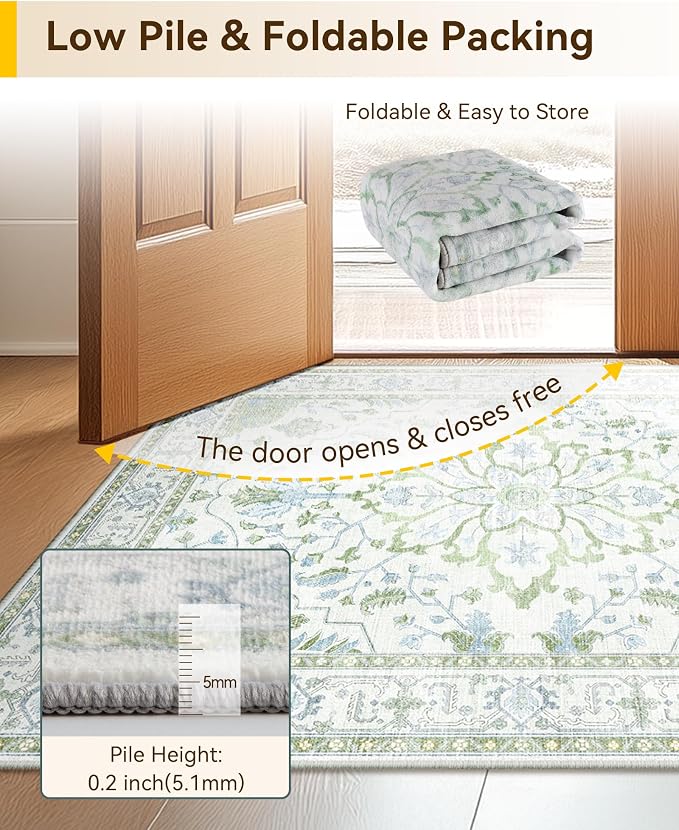 Area Rugs Round 6ft Washable Non-Slip, Floral Vintage Distress Print Pattern - Image 4