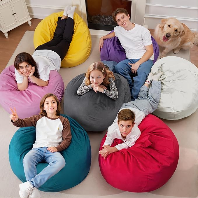 Homguava 2FT Bean Bag Chair: 2' Bean Bags with Memory Foam Filled,Comfy Beanbag Chairs Round Bean Bag Sofa with Dutch Velvet Cover-Light Grey