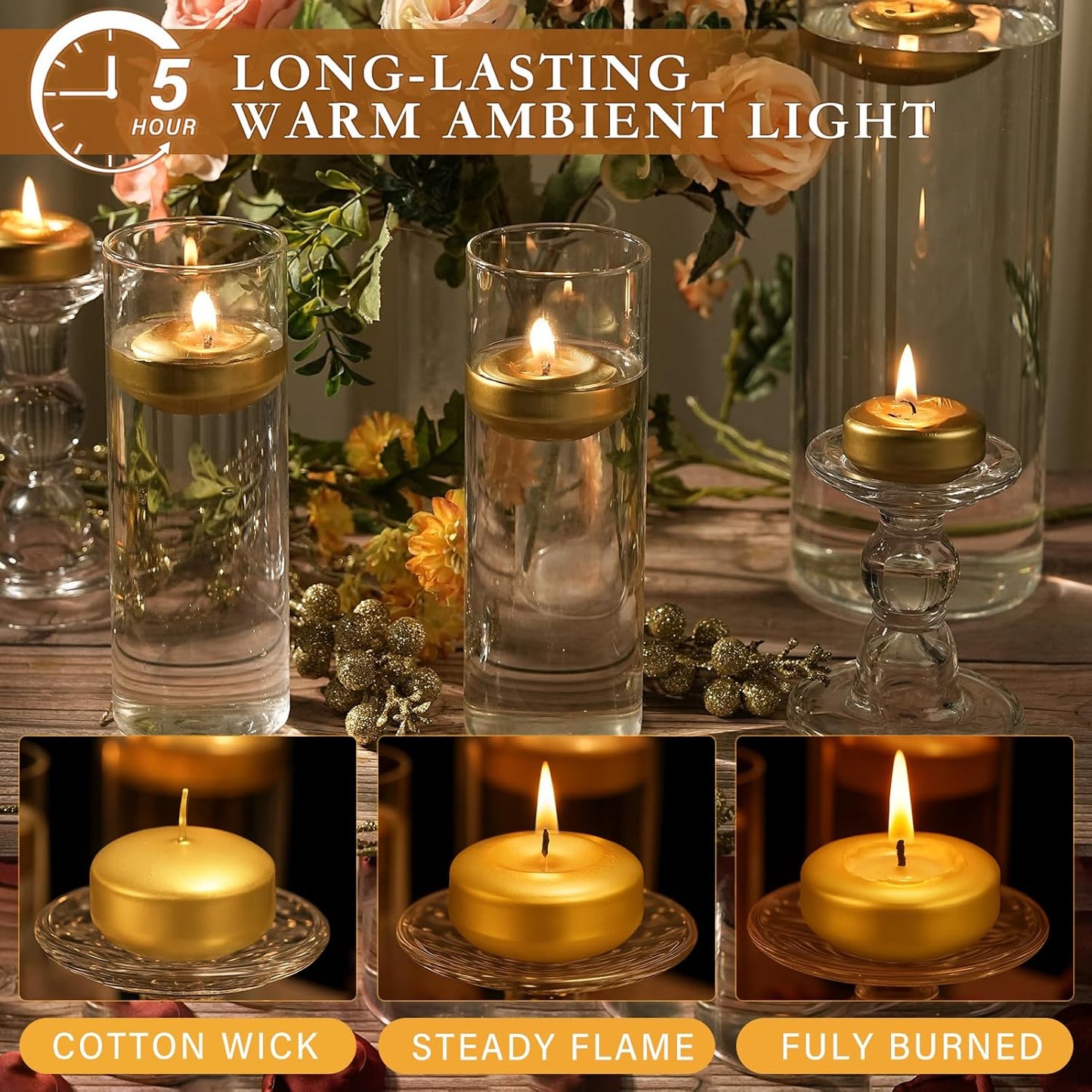 2 inch Gold Floating Candles, 48 Pack Unscented Floating Candles for Centerpieces,5-6 Hours Water Activated Candle Bulk for Cylinder Vases Wedding Pool