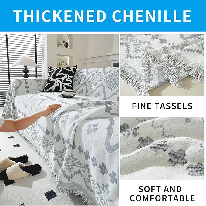 LUFEIJIASHI Boho Couch Covers for Sofa Non Slip Sofa Covers Washable Couch Covers for 3 Cushion Couch Sofa Pet Friendly Sectional Couch Cover Blanket Furniture Protector for Dogs (Grey, 91"x150")