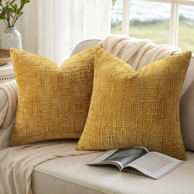 decorUhome Summer Mustard Yellow Chenille Throw Pillow Covers 16x16 Set of 2 - Image 9