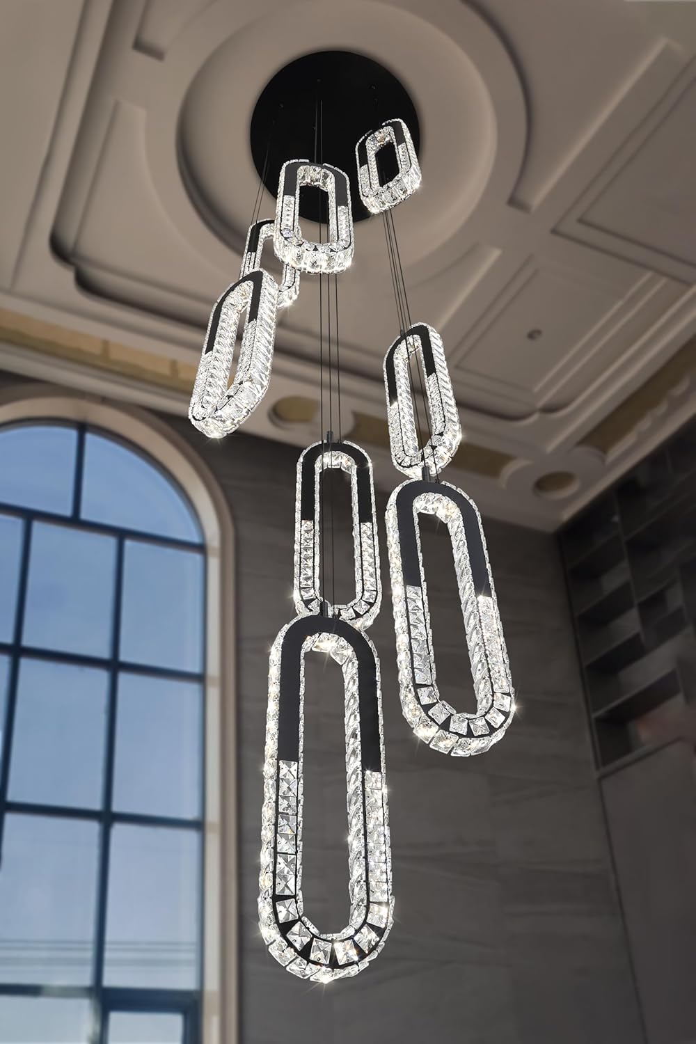 8 Rings Crystal Chandelier,H 118" Modern Black Pendant Light Luxury Foyer Lighting Fixture High Ceiling Chandelier for Entryway,Staircase,Living Room,Villa LED Dimmable 2700K-6000K