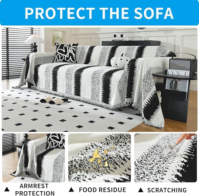 LUFEIJIASHI Boho Couch Covers for Sofa Non Slip Sofa Covers Washable Couch Covers for 3 Cushion Couch Sofa Pet Friendly Sectional Couch Cover Blanket Furniture Protector for Dogs (Black, 71"x118")