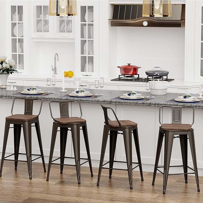 24 Inch Swivel Bar Stools Set of 4 with Backs Counter Height Industrial Metal Barstools Island Bar Chairs for Home Kitchen Dining Room (Swivel 24 inch,Rusty Wooden)