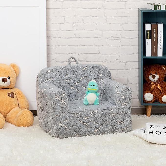 ALIMORDEN Kids Ultra-Soft Snuggle Foam Filled Chair, Glow-in-The-Dark Dinosaurs Fossil Pattern Toddler Cuddly Sherpa Reading Couch for Boys and Girls