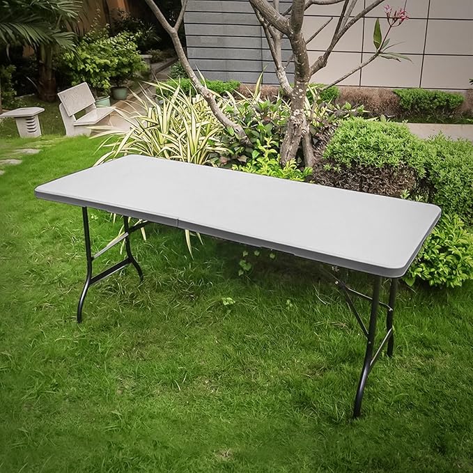 Athena Collection 8 ft Square Folding Dining Table, Large Plastic Foldable Table Portable with Carry Handle, Heavy Duty Fold-in-Half Utility for Indoor Outdoor Party Camping Picnic, Grey