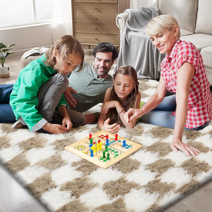 Checkered Area Rugs for Living Room 8x10, Fluffy Beige and White Checkered Rug - Image 3
