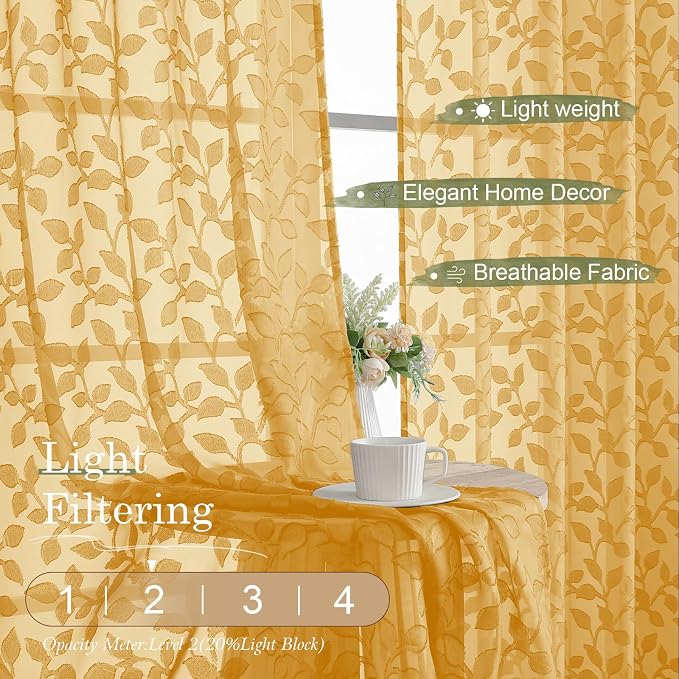 Chyhomenyc Gold Sheer Curtains 90 Inch Length 2 Panels Set, Light Filtering - Image 2