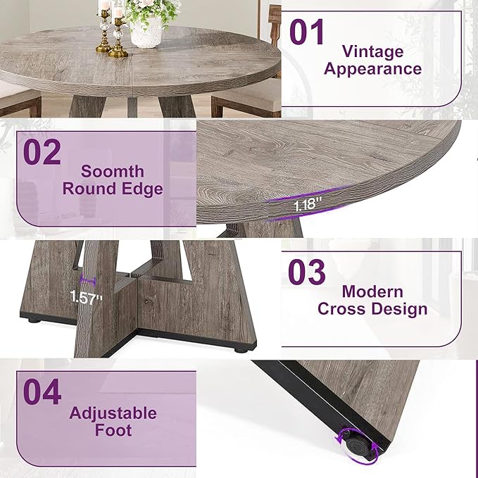 Round Dining Table for 4, 47" Wooden Kitchen Dinner Table Rustic, Farmhouse Table for Dining Room, Living Room, Gery