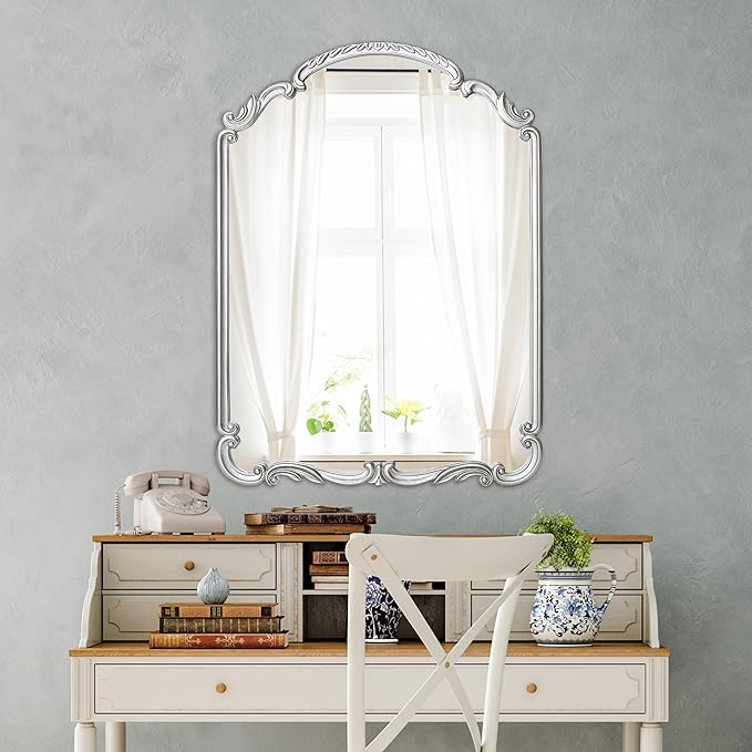 English Estate Carved Arch Wood Wall Mirror, Mirror for Entryway, Living Room, Bathroom, Antique Silver, 20.9x28.9