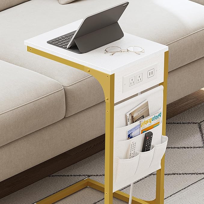 TUTOTAK C Shaped End Table with Charging Station, Side Table for Sofa, Couch Table with Storage Bag, Set of 2, TV Tray Table with 2 USB Ports and Outlets for Living Room, Bedroom, TB01BWG0242