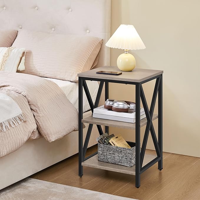 Yaheetech Industrial End Tables Set of 2, 3-Tier Side Tables with Storage Shelves for Living Room, X Design Sofa Tables, Strong Metal Frame, Easy Assembly, 16x16x24.5 in, Gray