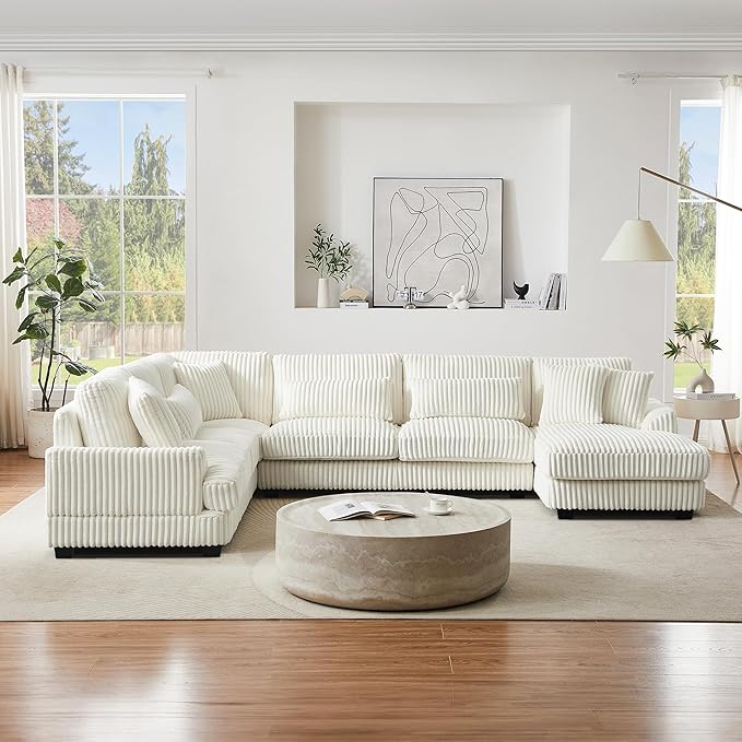 129" Oversized U Shaped Modular Sectional Sofa Couch for Living Room 7 Seater Plush Corduroy Upholstered Large Sofa Deep Seat Cloud Couch with Extra Wide Chaise Lounge and Detachable Thick Cushions