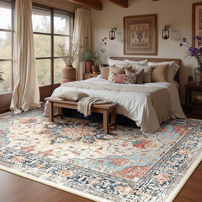 Area Rugs 5'x8' Washable Non-Slip, Floral Vintage Distress Print Pattern - Image 7