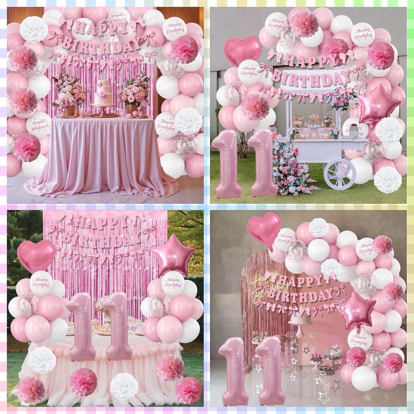 11th Birthday Decorations for Girls Pink Number 11 Balloon Bow Coquette Happy Birthday Banner Fringe Curtain Paper Pom Poms Star Heart Foil Pink White Balloons 11 Year Old Party Decor