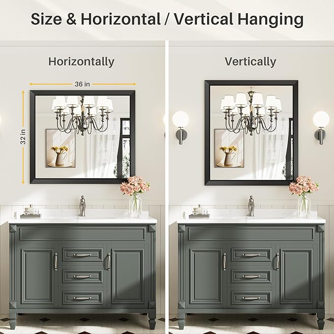 36x32 Inch Black Bathroom Mirror for Wall, Thick Metal Framed Rectangle Mirrors for Over Sink, Bedroom, Living Room, Entryway, Anti-Rust, HD Tempered Glass