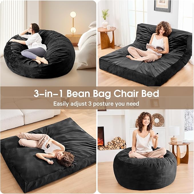 Bean Bag Chairs for Teens - Bean Bag Chair Convertible Bean Bag Bed - Small Beanbag Chair with Micro Fiber Cover/Furniture Foam Filler - Bean Bag Couch Sofa in Bedroom Dorm Room - Youth Carbon Black