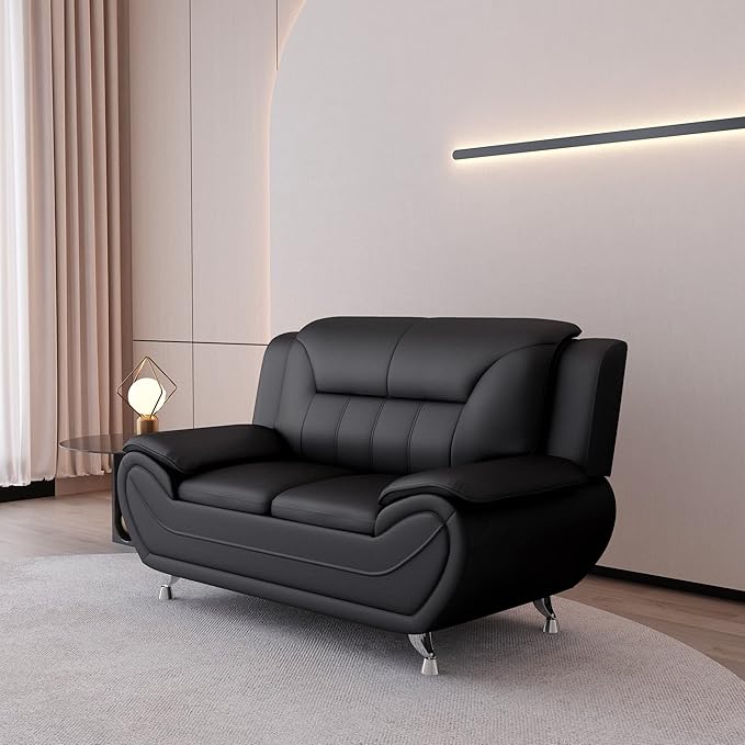 Container Furniture Direct Michael Modern Faux Leather Upholstered Stainless Steel Legs Living Room, Chair, Loveseat, Sofa, Soft Beige/Black