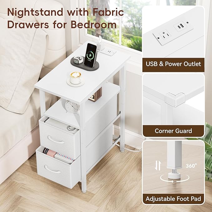 Vagusicc White End Table with Charging Station, Narrow Side Table, 23.8'' Tall Nightstand with 2 Fabric Drawers, Small Sofa Side Table Narrow Nightstand for Small Spaces, Living Room, Bedroom, White