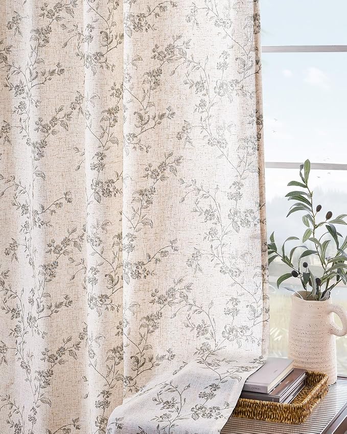 Lazzzy Grey Floral Linen Curtains 90 Inch Farmhouse Back Tab Drapes - Image 8
