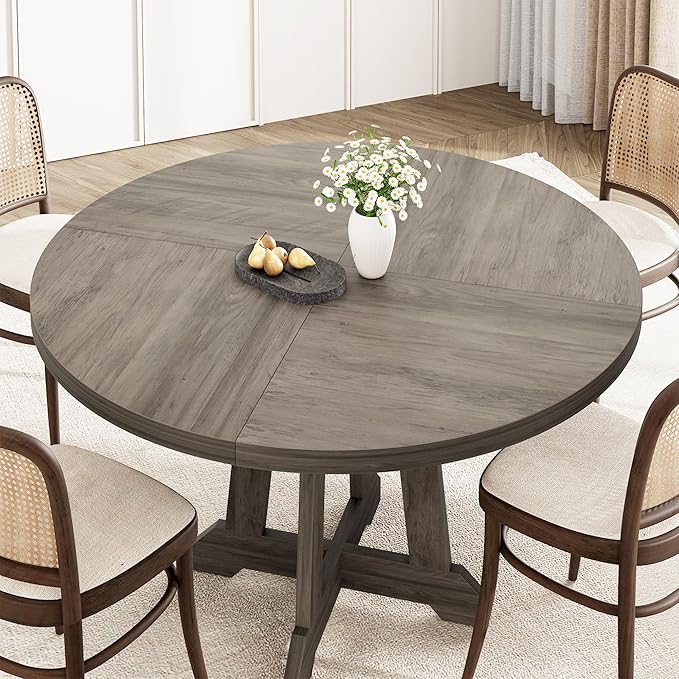 Dining Table for 4 to 6 People, 47 Inch Round Dining Table, Wooden Kitchen Table with Sturty Legs, Dining Room Table for Dining Room, Kitchen, Grey