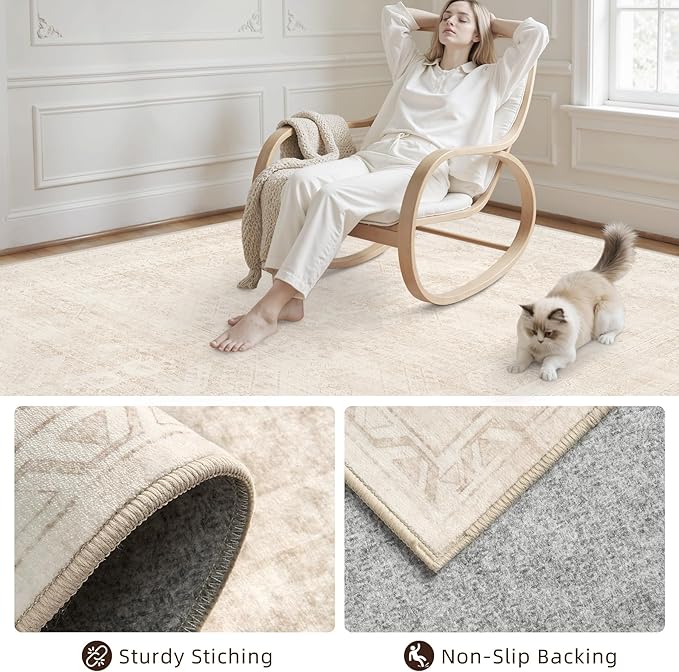 Area Rugs 9x12 Living Room: Vintage Boho Neutral Washable Rug Indoor Soft Large - Image 4