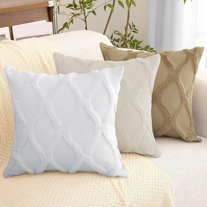 decorUhome Throw Pillow Covers 18x18 Inch Set of 2, Soft Plush Faux Fur Wool Khaki Couch Pillow Covers, Decorative Neutral Pillow Cases for Bed Sofa Living Room Home Decor