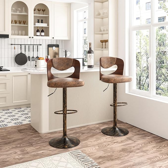 VECELO Bar Stools Set of 2,Kitchen Island Stools with Bentwood Back,Arm&Footrest,Counter Height Stools PU Leather Adjustable Height,Swivel Bar Chairs for Club Pub Dining Room,Dark Brown