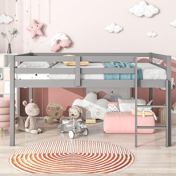 HomSof Full Loft Bed with Guard Rail & Ladder,No Box Spring Needed,Easy Assembly,Grey