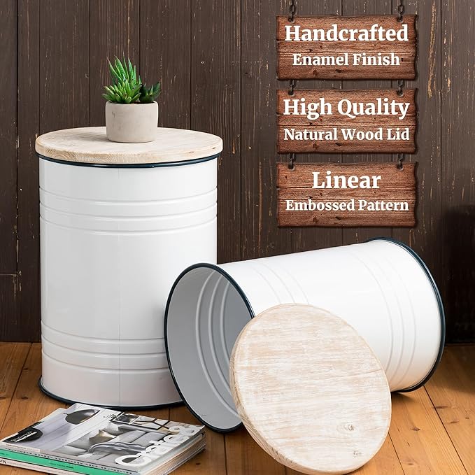 Glitzhome Farmhouse Accent Side Table, Metal Storage Stool Ottoman with Round Lid - Galvanized Coffee Cocktail End Tables Set of 2 for Living Room Bedroom, White