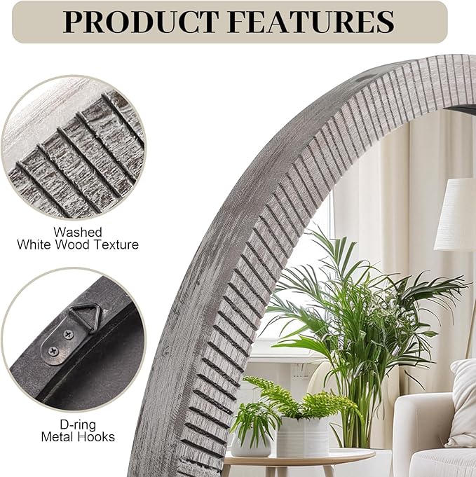35" Round Wood Mirror, Large Wooden Round Mirror, Wood Round Mirrors for Wall Decor, Rustic Circle Wall Mirrors for Entryway, Living Room, White Washed Frame