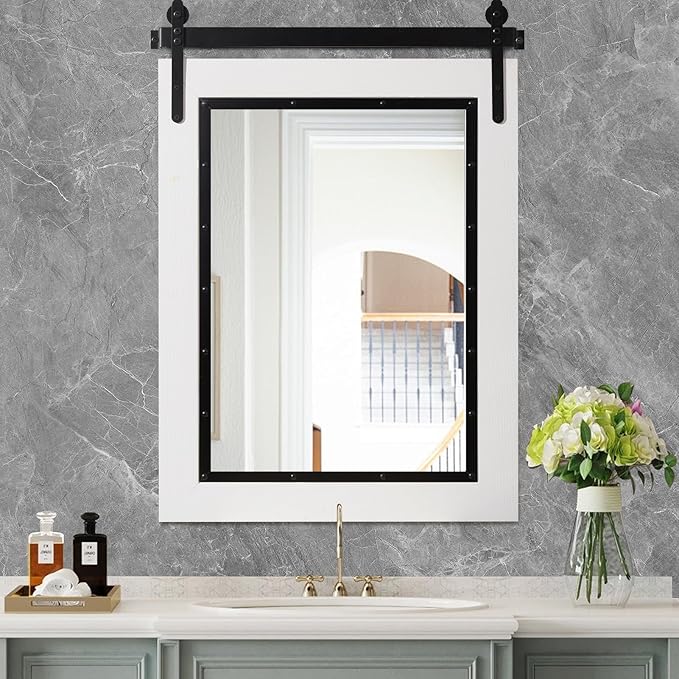 YOSHOOT Farmhouse Barn Door Mirror, 32"x24" Rustic Bathroom Mirror, Wood Frame Wall Mirror, Wooden Mirror for Living Room Bedroom Entryway Wall Décor, Vertical Hanging ONLY