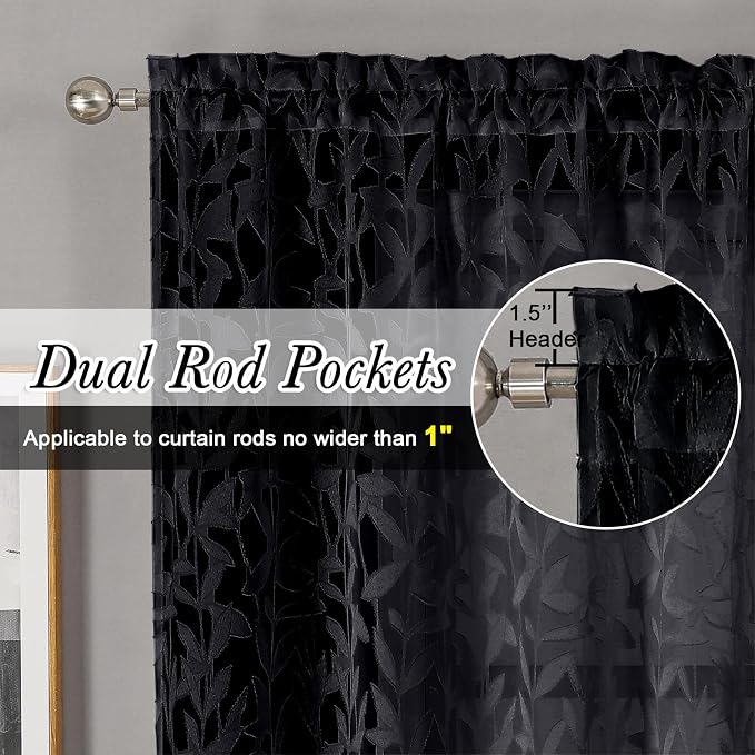 Lecloud Leia Black Sheer Kitchen Curtains 18 Inch Length 2 Pcs, Jacquard Leaf - Image 5