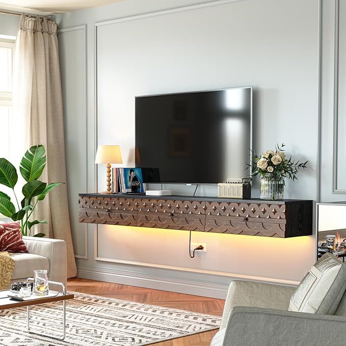 Fully-Assembled Floating TV Stand, Vintage Carved Floating Entertainment Center with Flip-Down Doors & Drawer, Walnut Wood Media Console Shelf Cabinet Under TV Storage for Living Room, 55IN