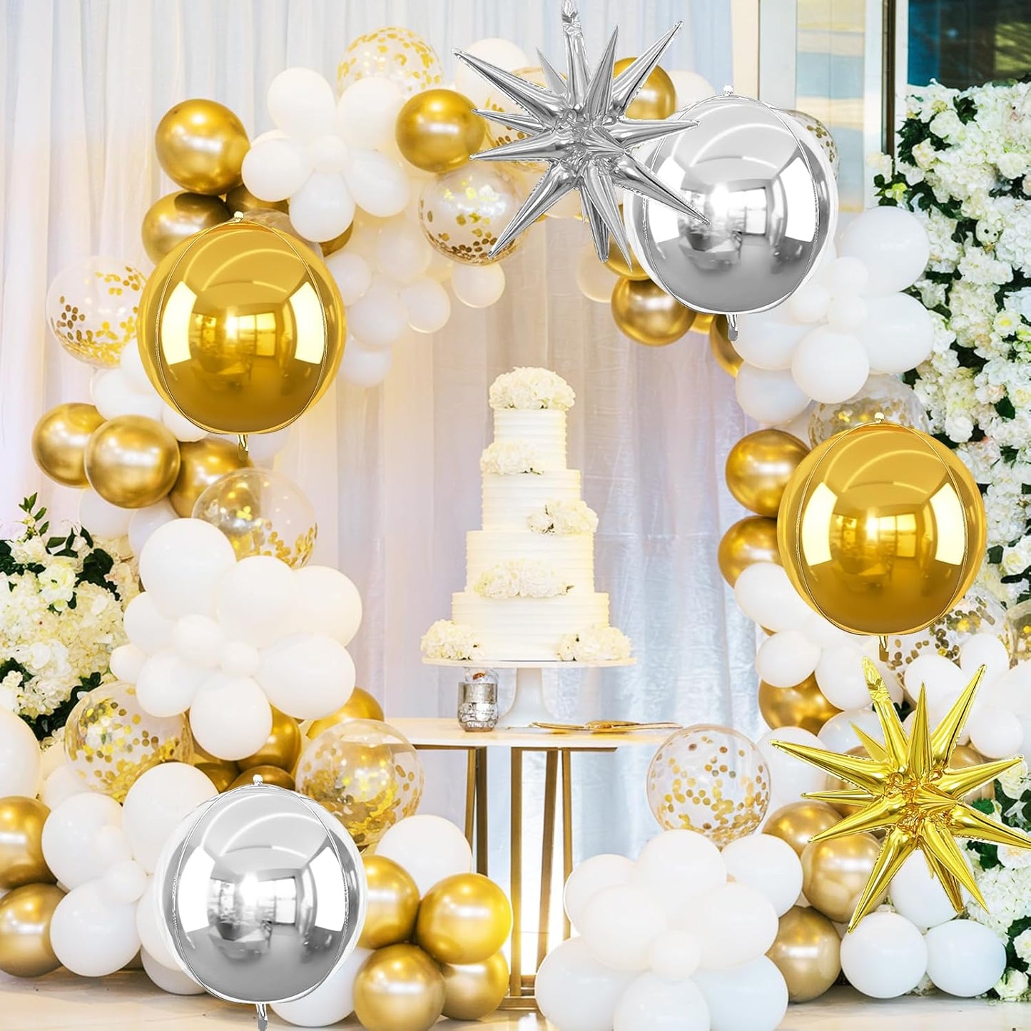 6Pcs Gold Silver Foil Balloons,22Inch Silver Gold 4D Round Ball Balloon and Explosion Star Balloon for Birthday Wedding Baby Shower Prom Party Anniversary Decorations