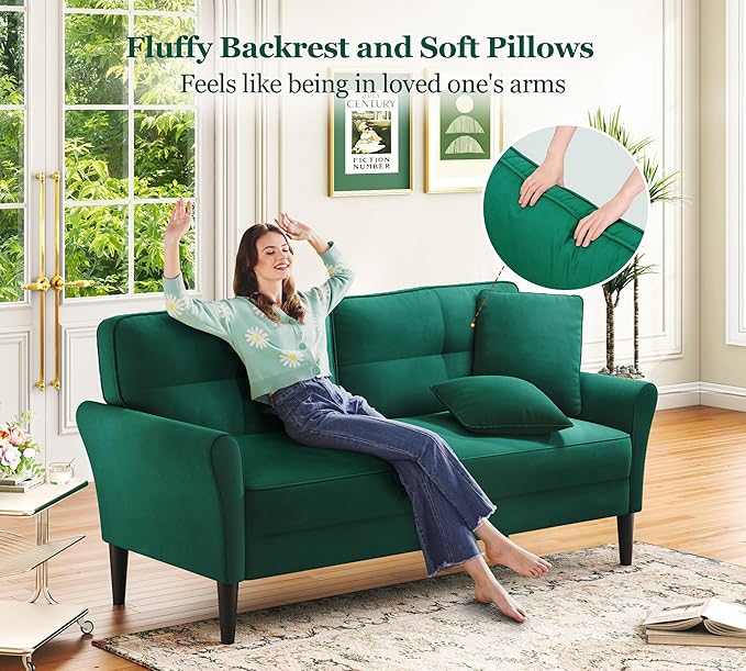 69" Small Sofa, Soft Small Couch with 2 Pillows, Comfy Love Seat Couches, Tool-Free Setup Loveseat Sofa, 700lb Load Sofas for Living Room, Cozy Couches for Living Room, Mini Couch for Bedroom, Green